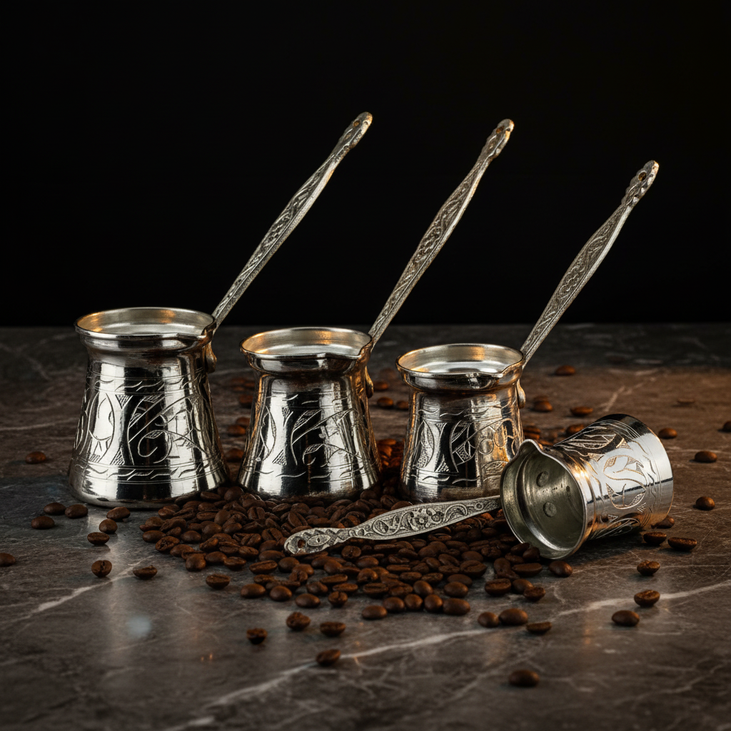 Antep keski nickel-plated copper cezve set 4-piece lifestyle main photo