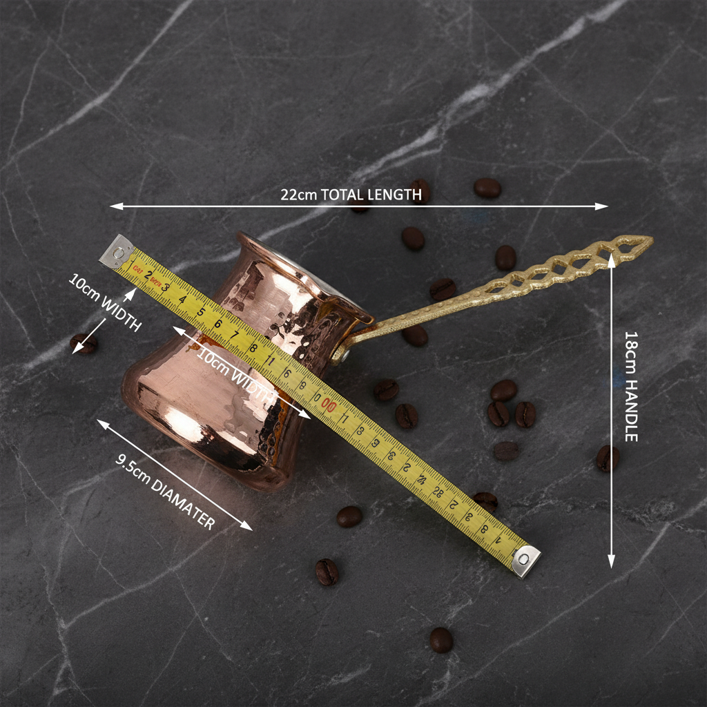 Kervan Thick 390ml copper cezve dimensions flat lay
