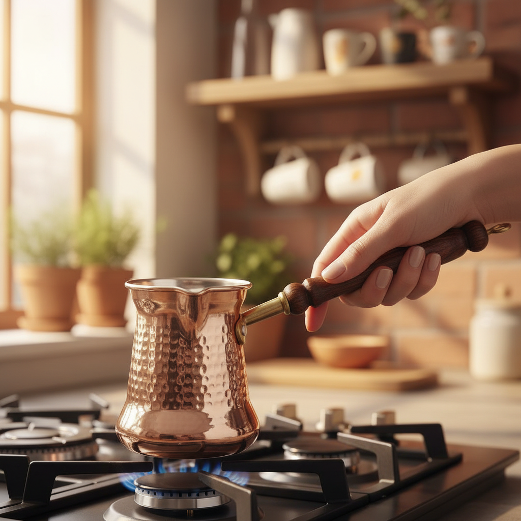 Person holding copper Sultan cezve on stovetop