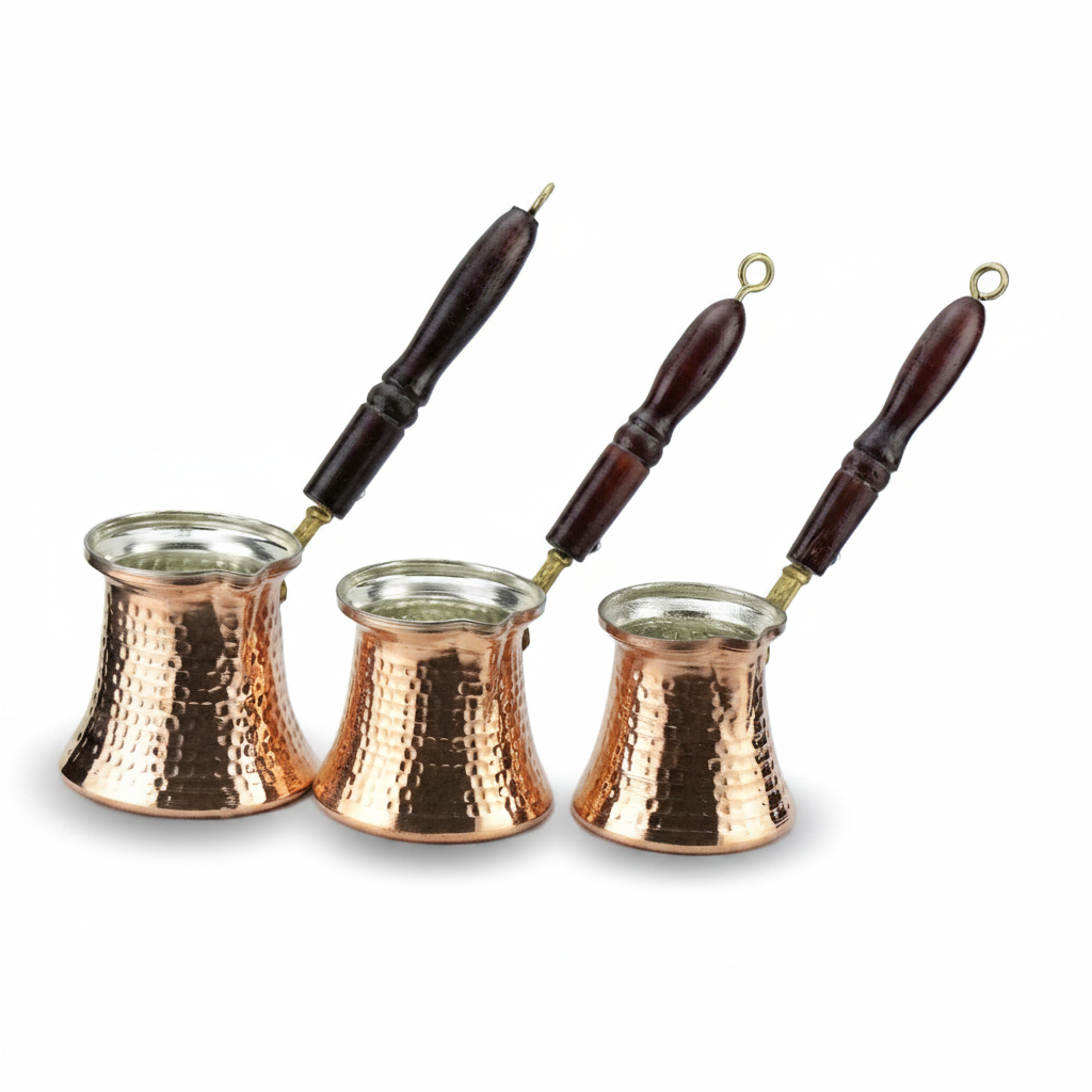 Hammered copper cezve set 3-4-5 cup white background