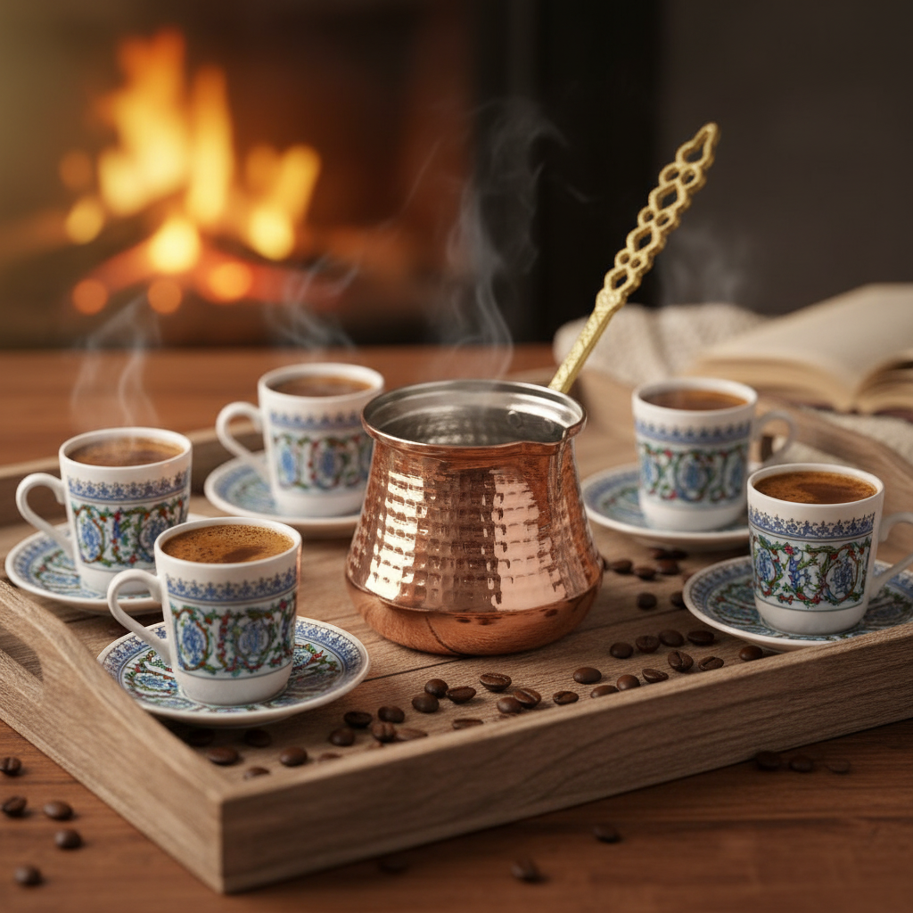 Bakir Sutluk 540ml copper cezve lifestyle with 5-6 cups