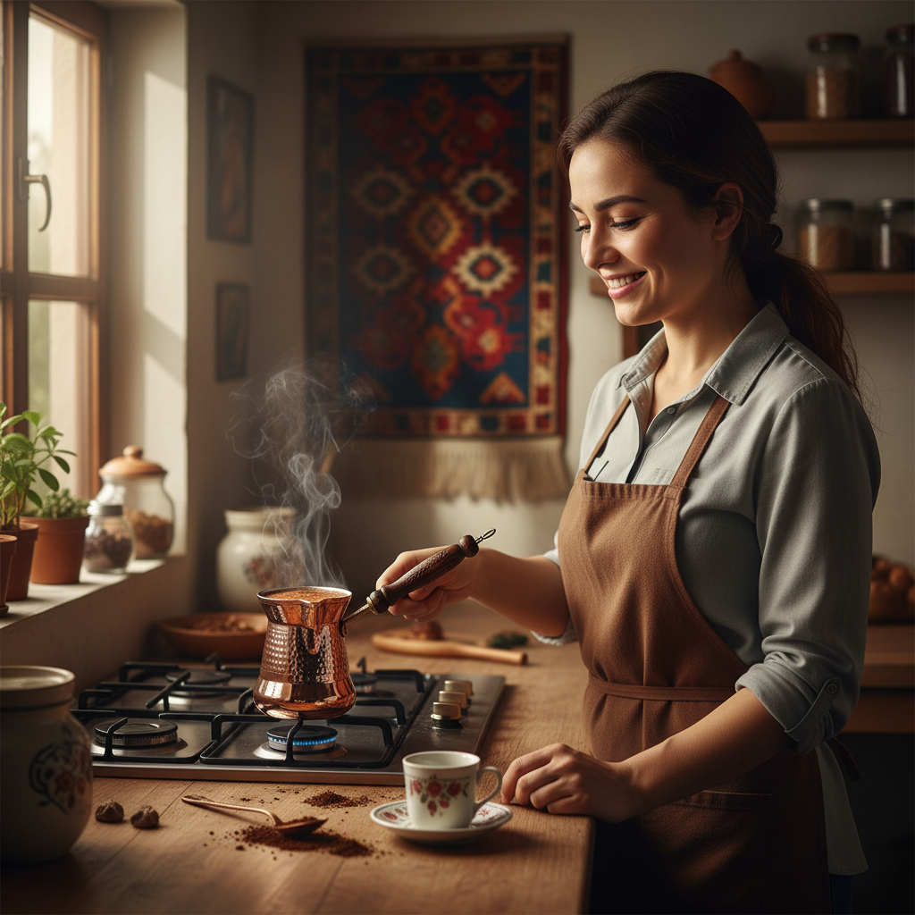 Woman holding Sultan Thin 350ml copper cezve
