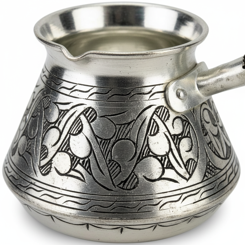 Antep eskitme topak cezve 6-cup macro engraving detail