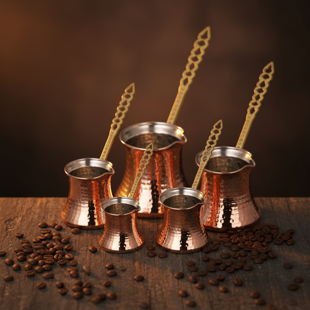 Hammered copper Kervan small cezve set 5-piece lifestyle main photo