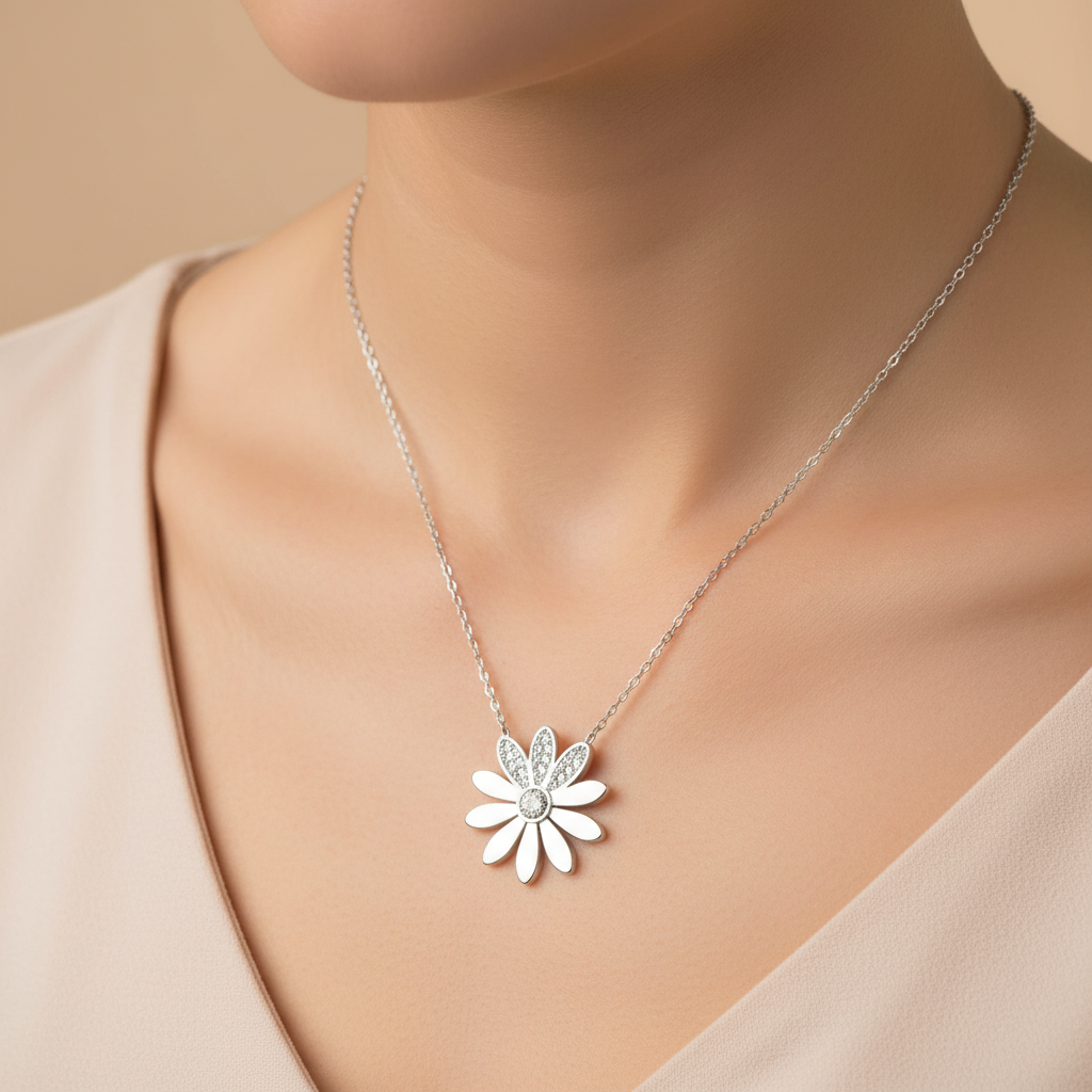 Silver Daisy Flower Women's Necklace - Model