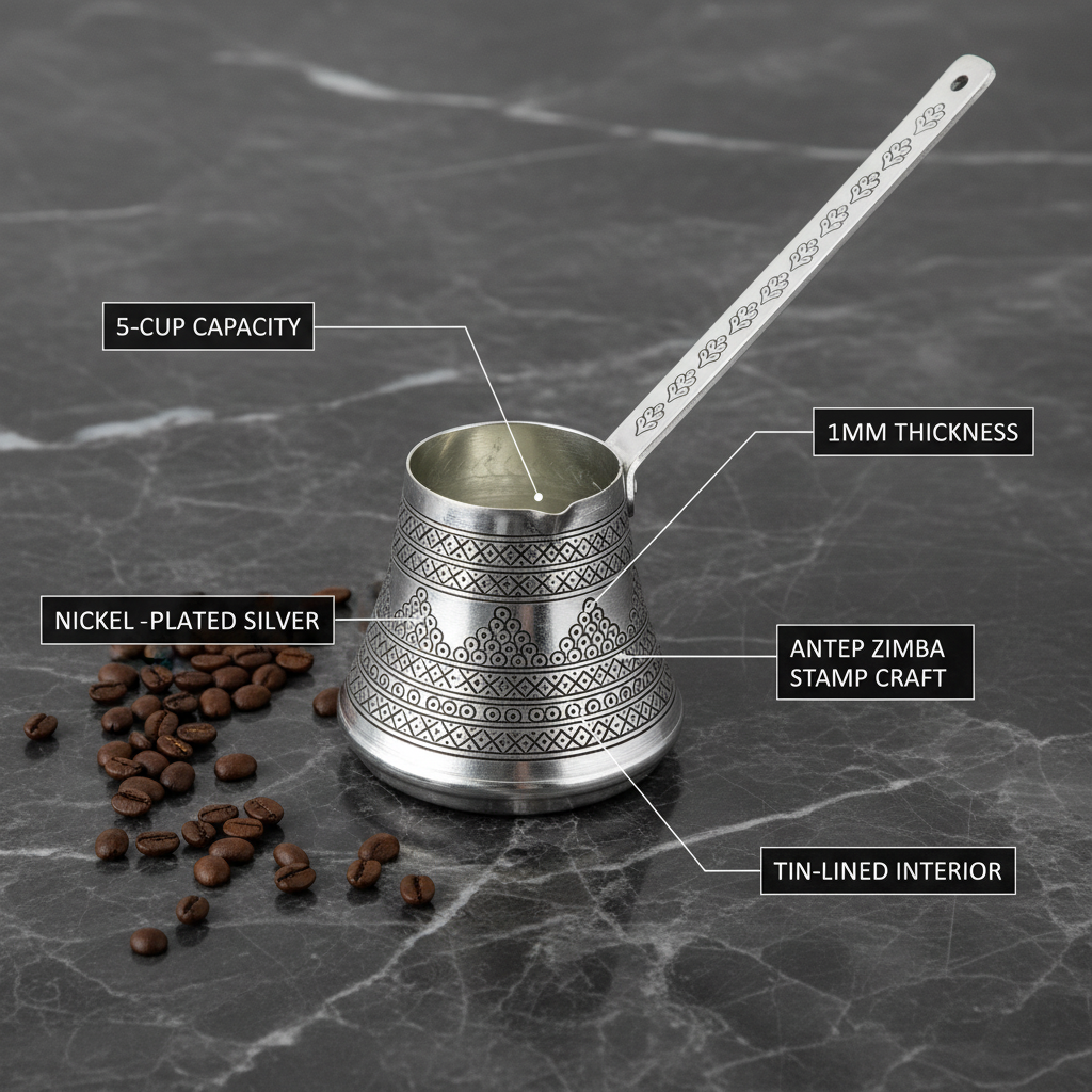 Antep zimba silver copper cezve 5-cup flat lay dimensions