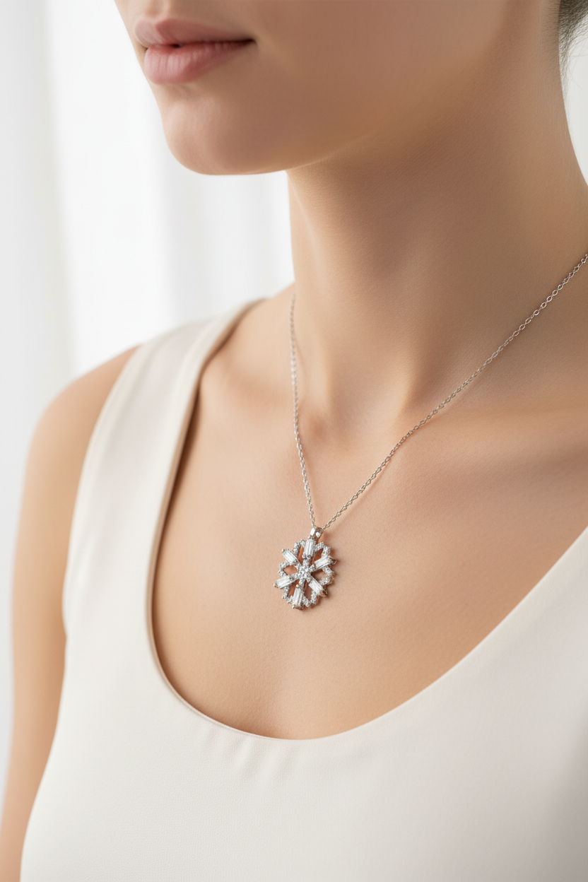 Silver Baguette Stone Snowflake Necklace on model