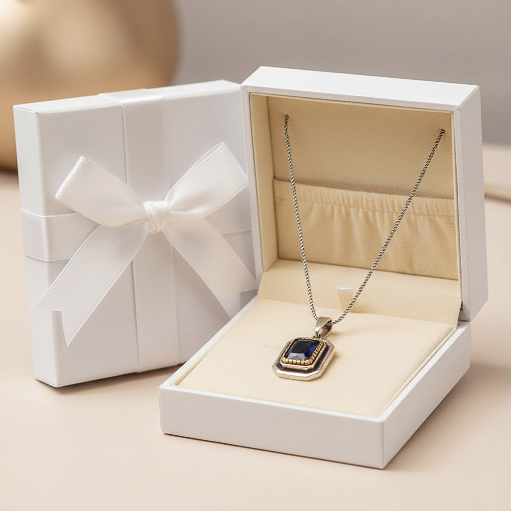 Silver Navy Blue Stone Rectangle Women's Necklace - Gift
