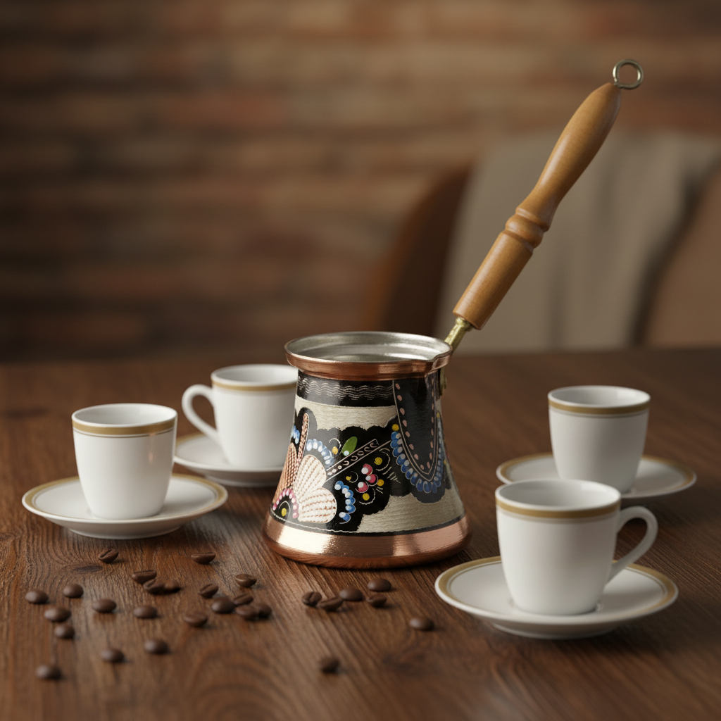 Erzincan floral copper cezve lifestyle with cups