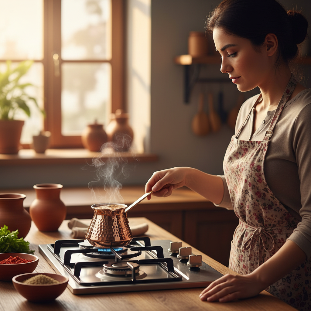 Woman holding Antep copper topak cezve 5-cup