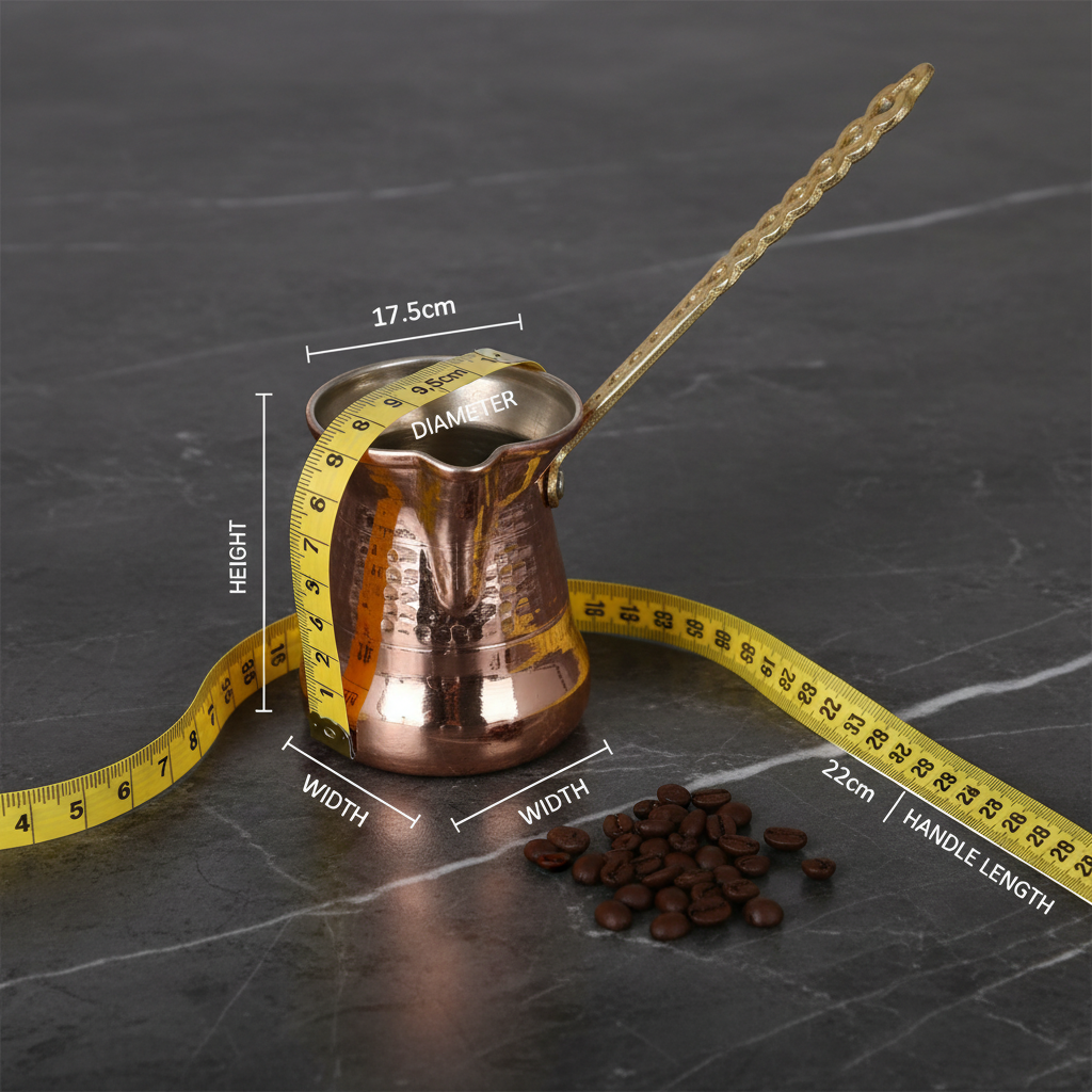 Sultan Thin 450ml brass handle copper cezve dimensions flat lay