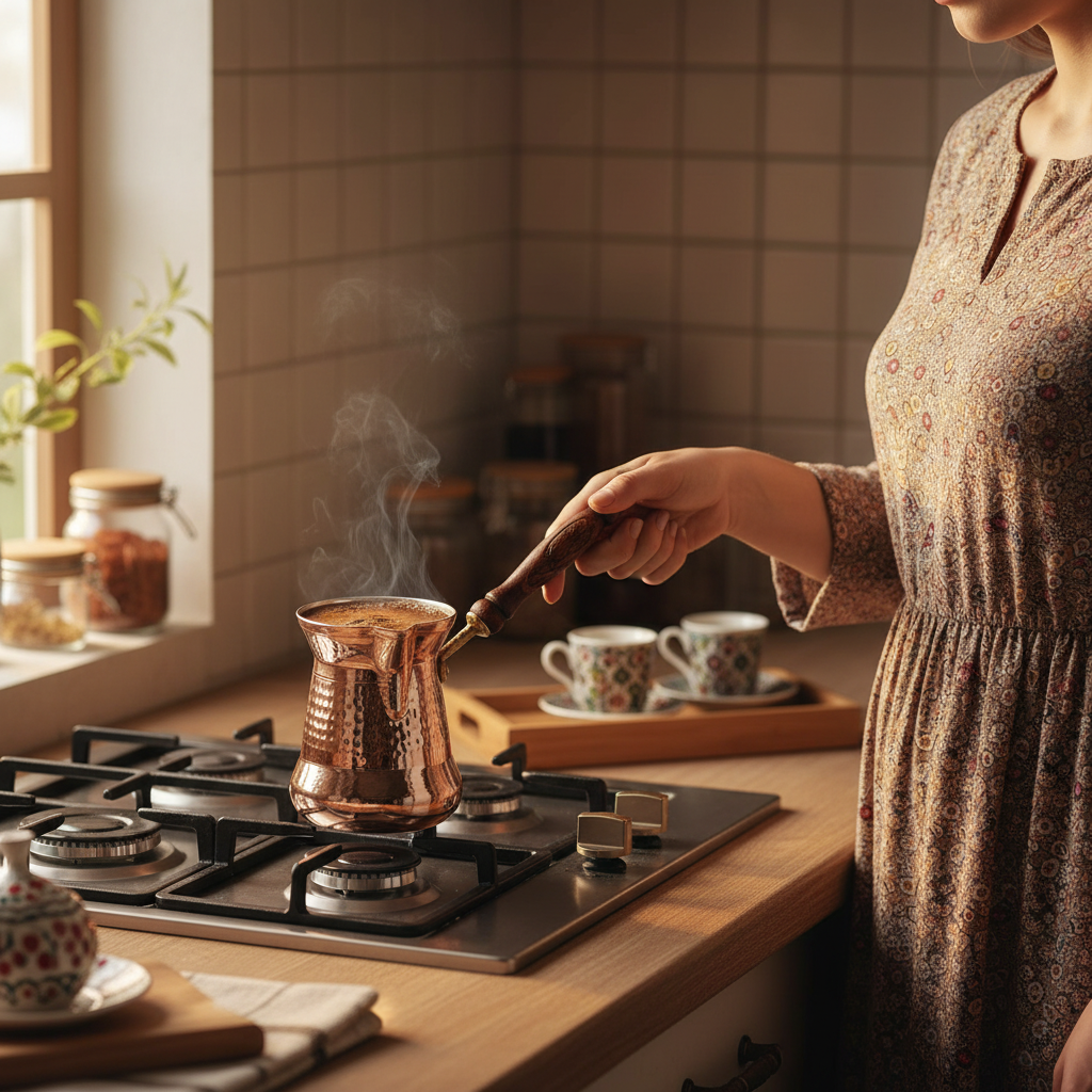 Woman holding Sultan Thin 200ml copper cezve