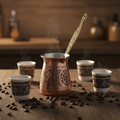 Antep keski engraved copper cezve 250ml lifestyle with cups