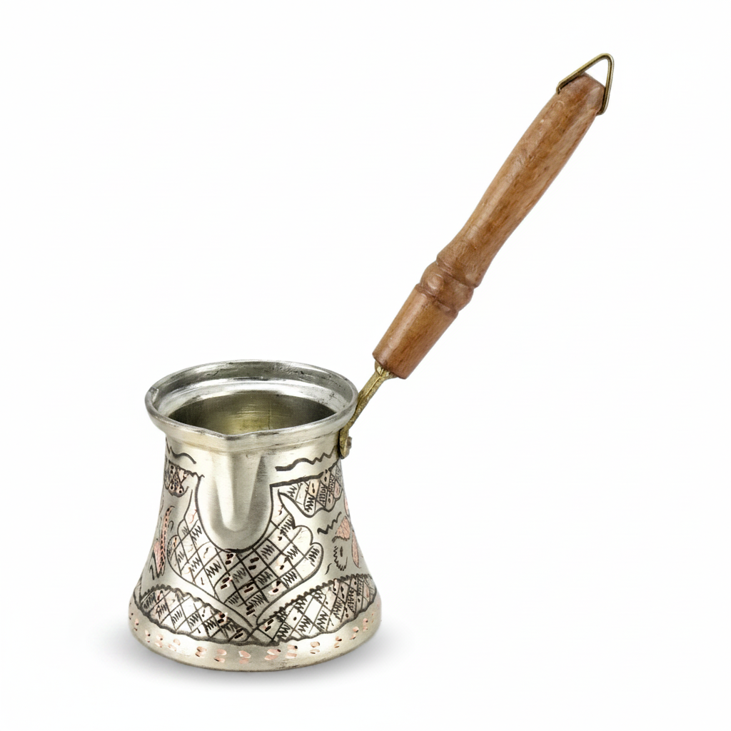Erzincan silver engraved copper cezve white background