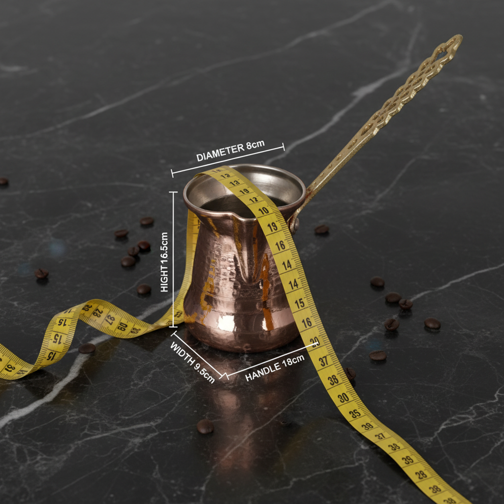 Sultan Thin 250ml brass handle copper cezve dimensions flat lay