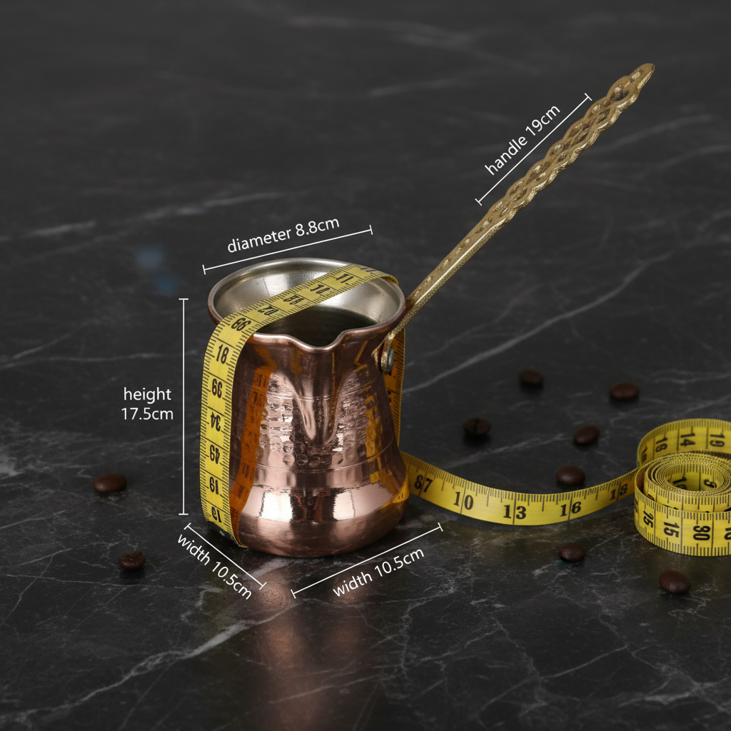 Sultan Thin 350ml brass handle copper cezve dimensions flat lay
