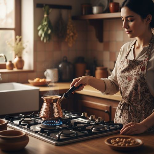Woman holding Antep topak 225ml copper cezve