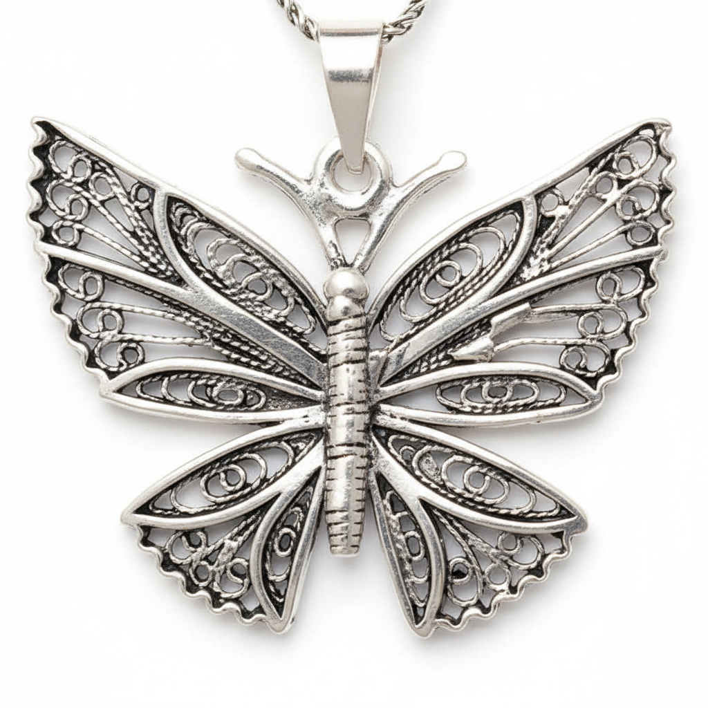 Silver Filigree Butterfly Women's Necklace - Macro