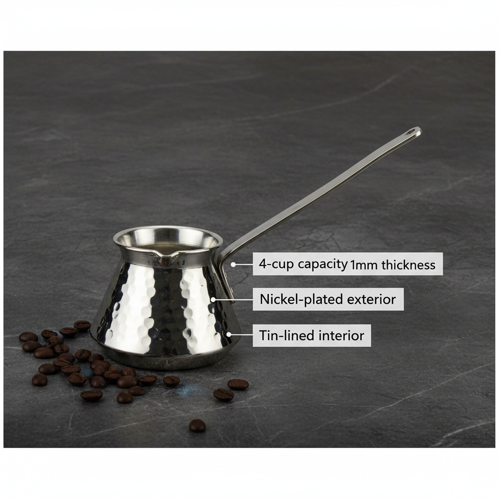 Antep nickel topak copper handle cezve 4-cup flat lay