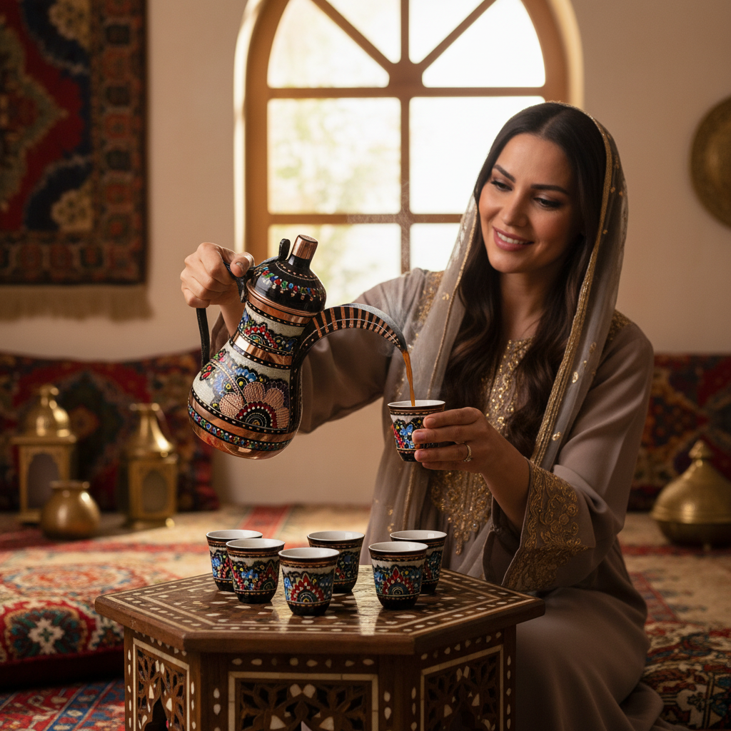 Woman pouring mirra coffee from Royal black copper dallah 900ml