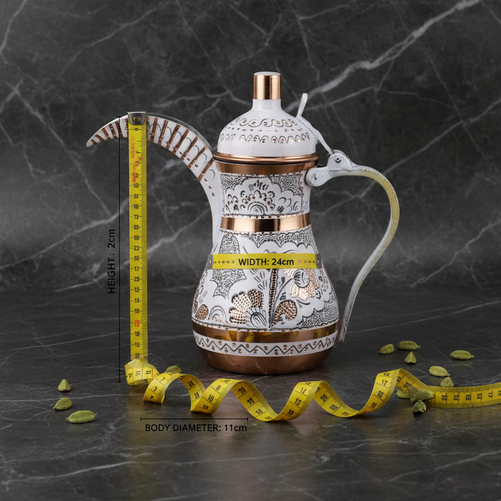 Gulcicek white copper mirra dallah 900ml dimensions flat lay