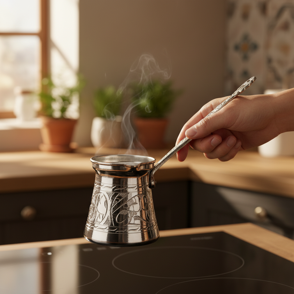 Person holding Antep keski nickel-plated copper cezve on stovetop