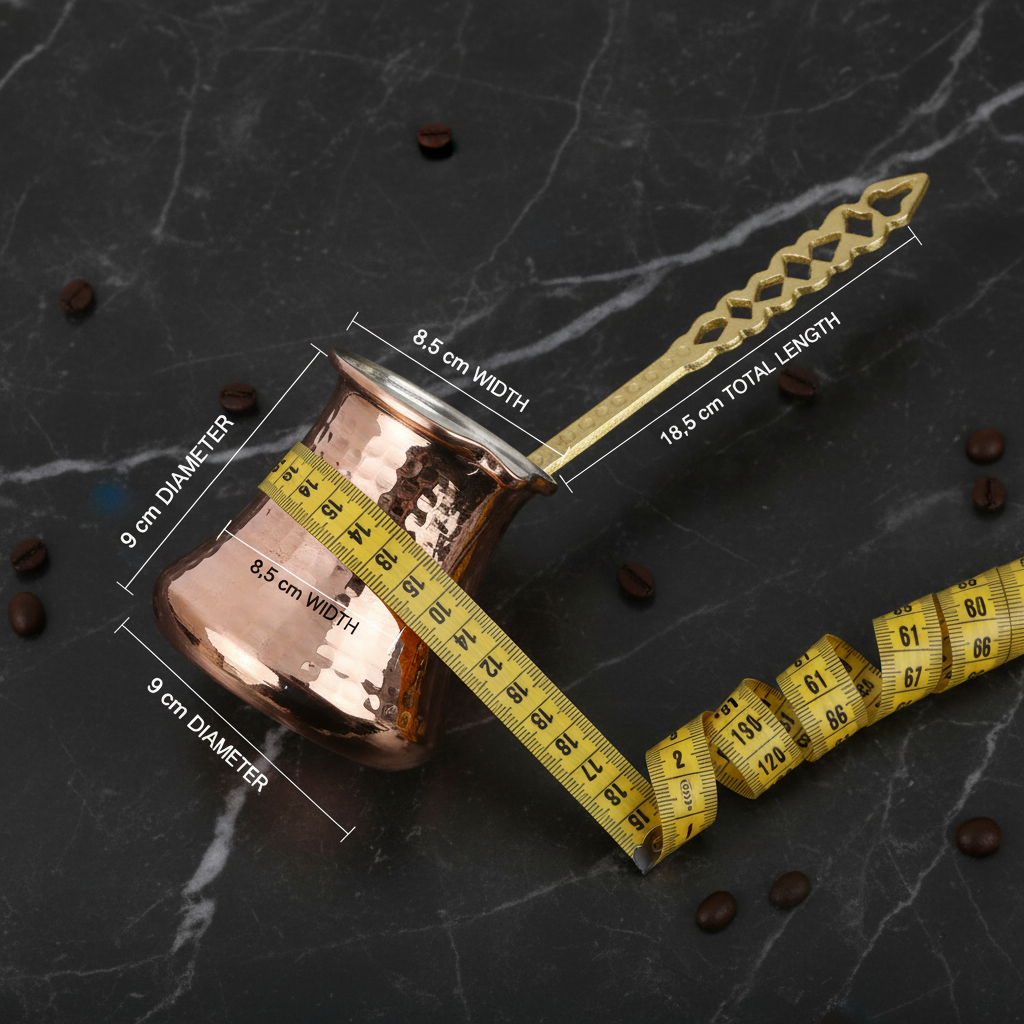 Kervan Thick 250ml copper cezve dimensions flat lay