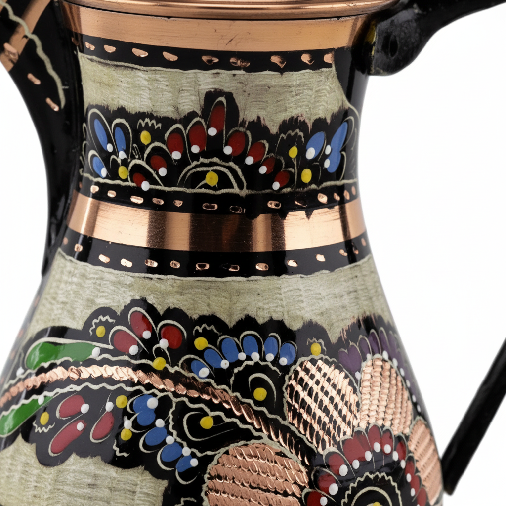 Royal black copper mirra dallah macro Erzincan hand-painted detail