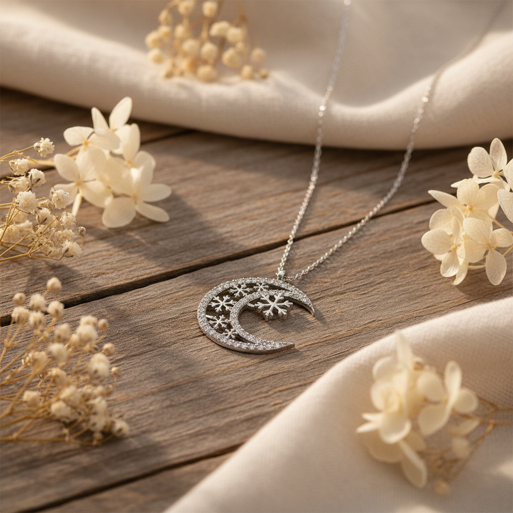 Silver Crescent Moon Snowflake Necklace - Lifestyle