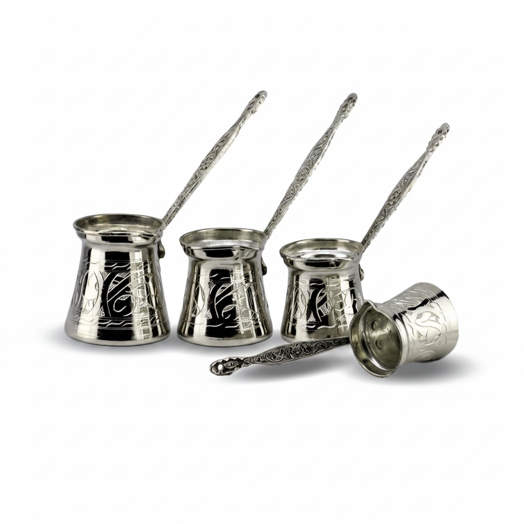 Antep keski nickel-plated copper cezve set white background