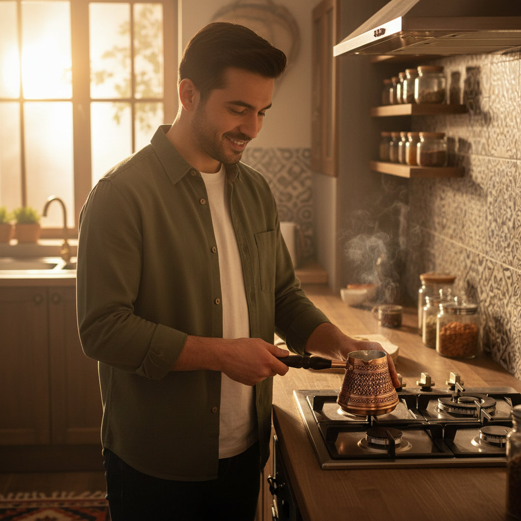 Man holding Antep keski copper cezve 4-cup on stovetop