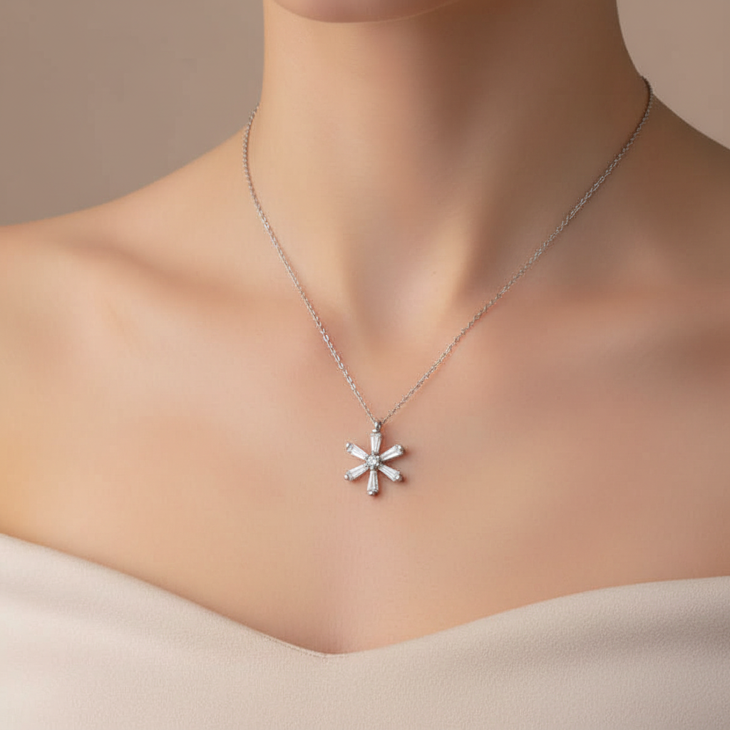 Silver Baguette Stone Flower Women's Necklace - Model