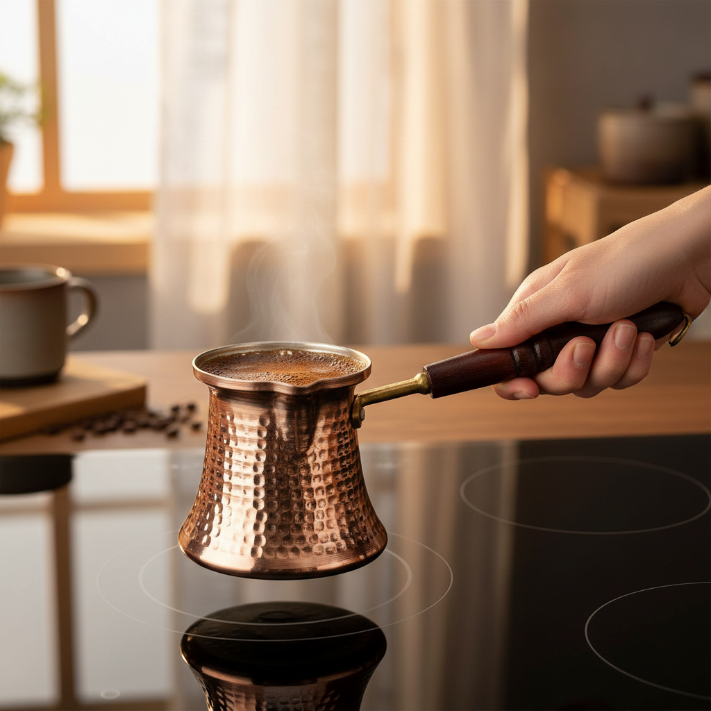 Person holding hammered copper cezve on stovetop