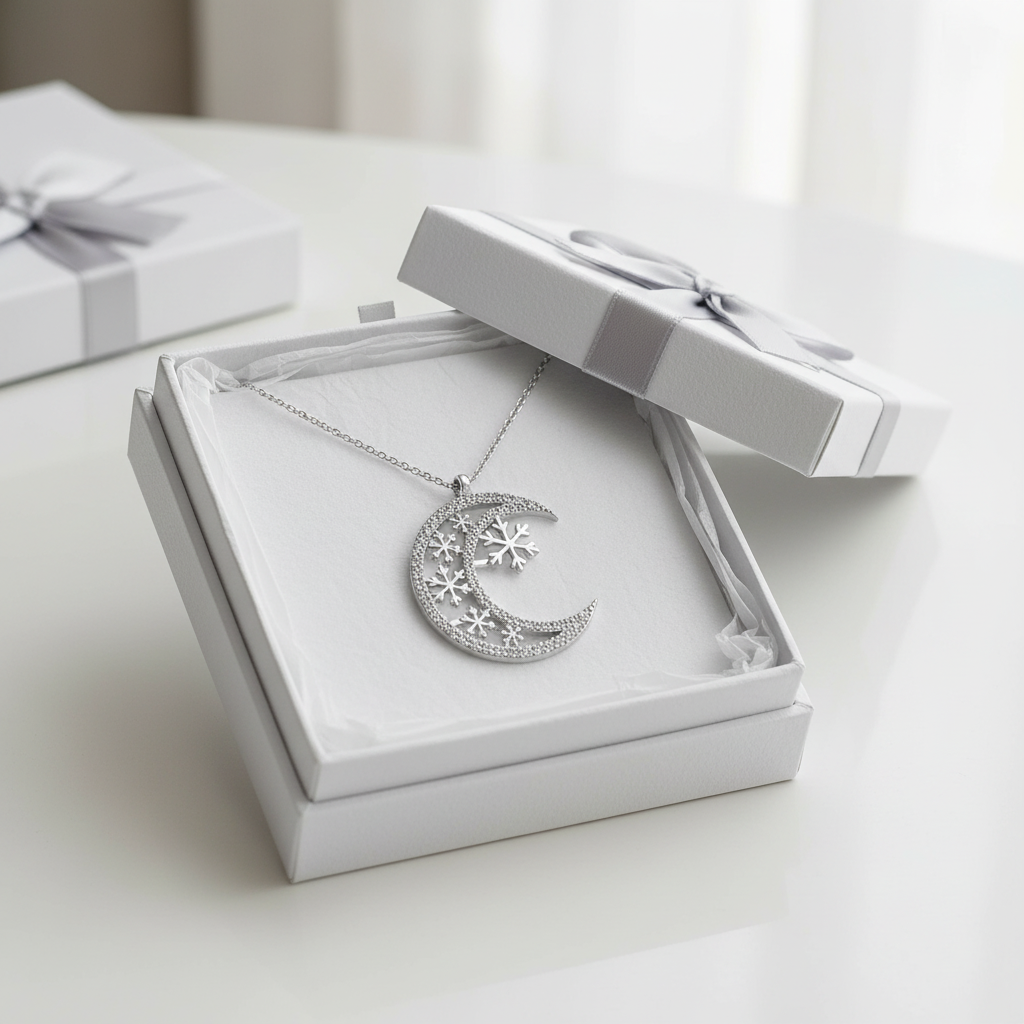 Silver Crescent Moon Snowflake Necklace - Gift