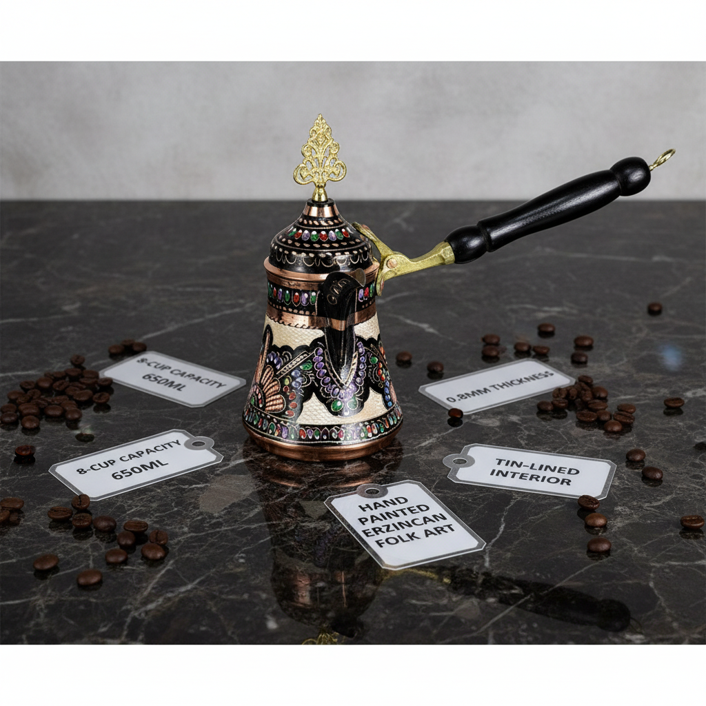 Erzincan floral lidded copper cezve 650ml flat lay dimensions