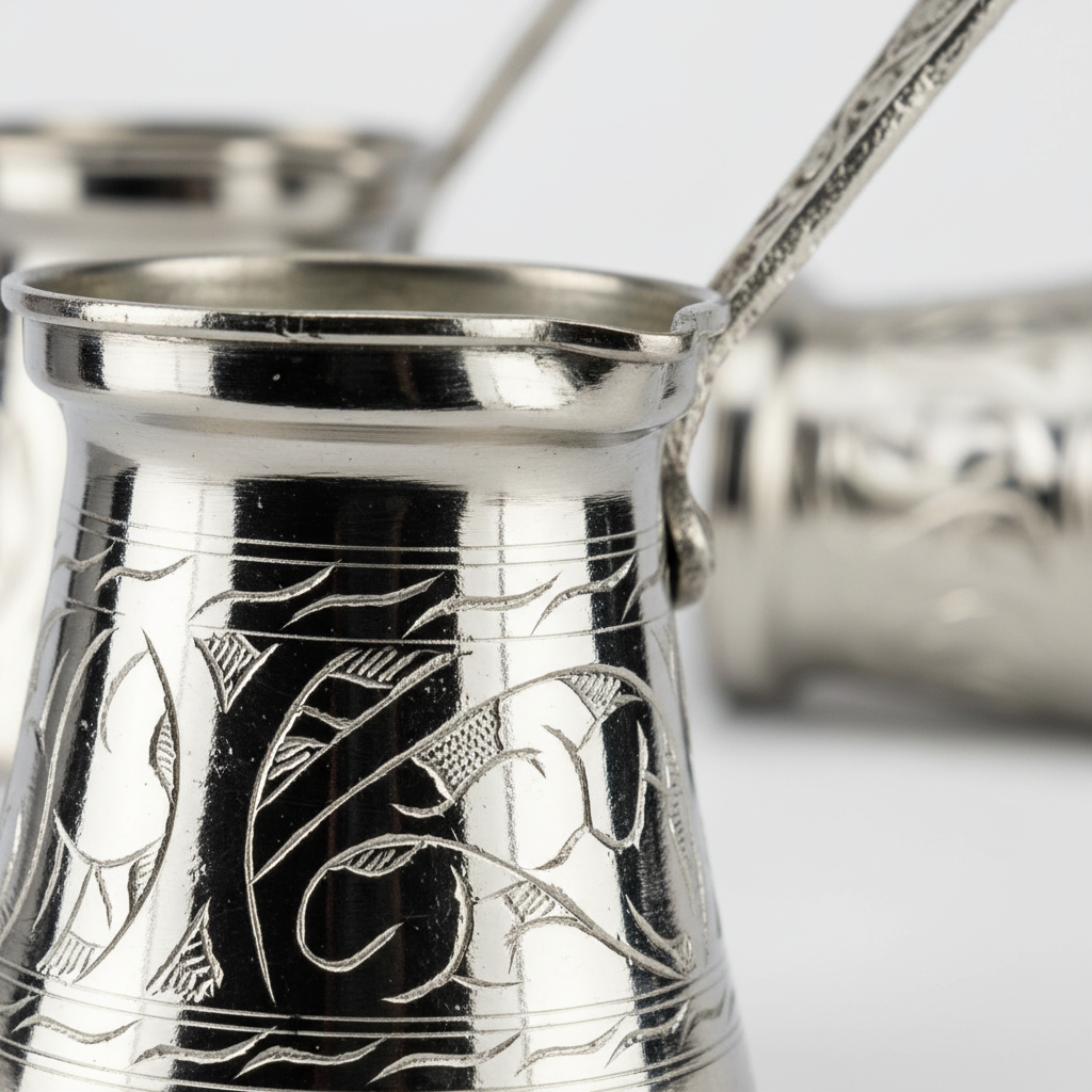 Antep keski nickel-plated copper cezve macro engraving detail