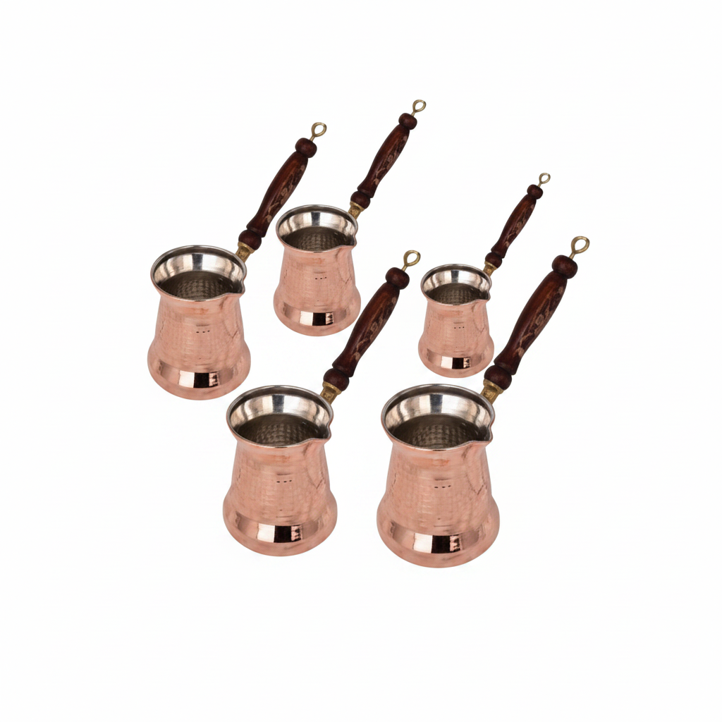 Hammered copper Sultan cezve set white background