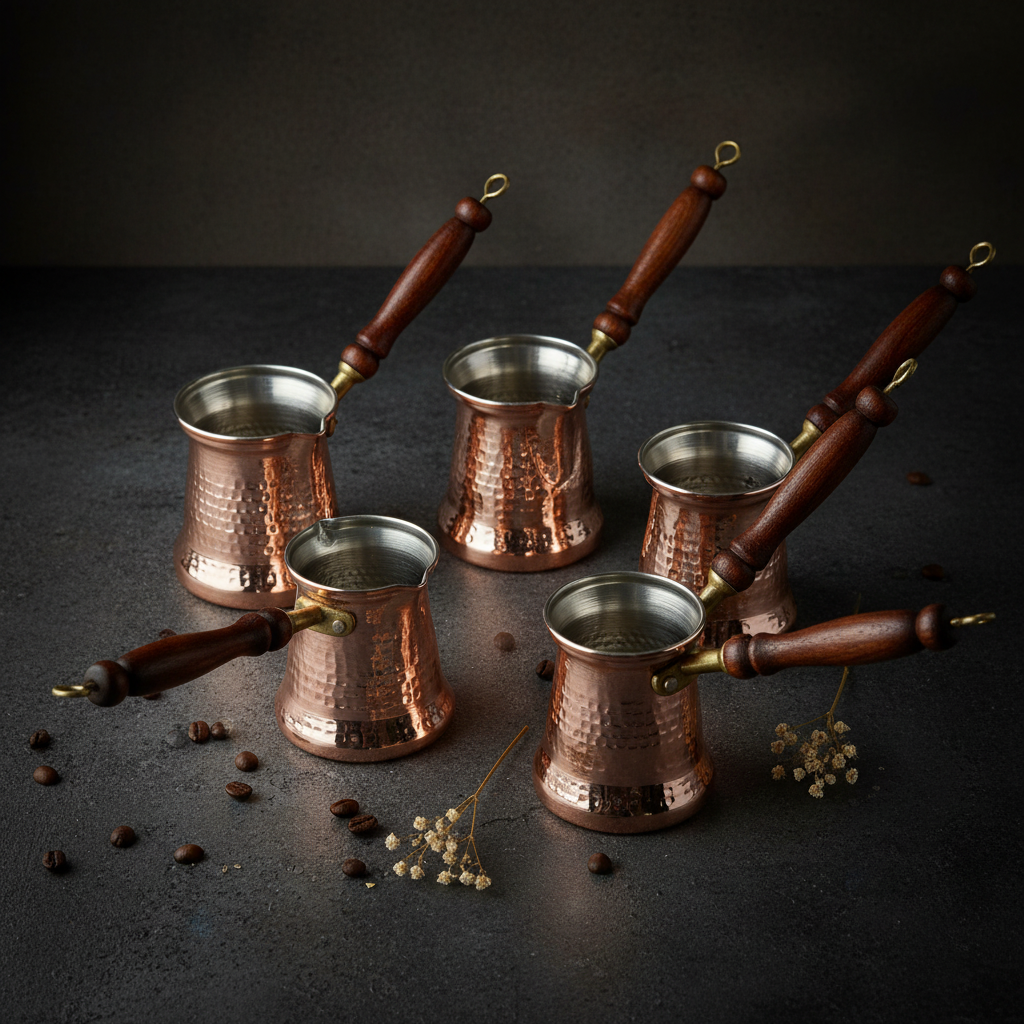 Hammered copper Sultan cezve set 5-piece stone surface lifestyle main photo