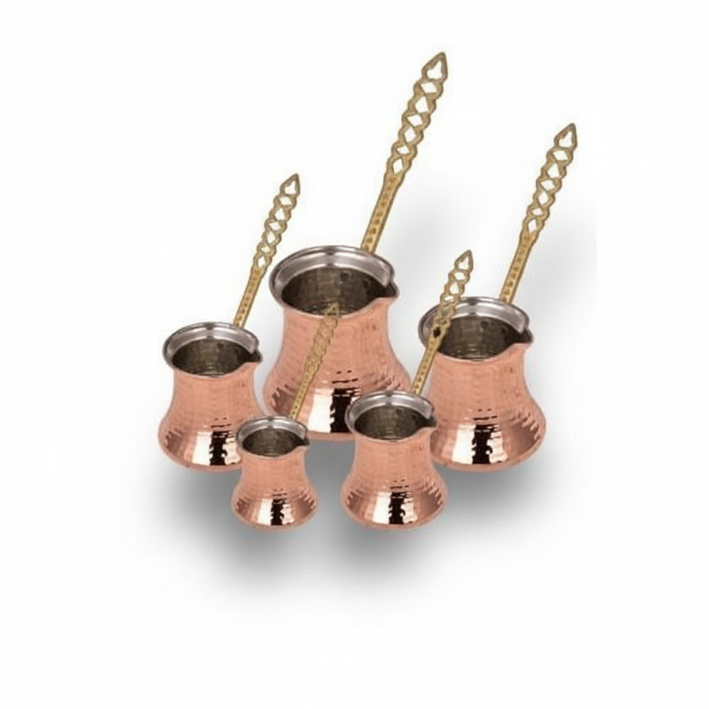 Hammered copper Kervan small cezve set white background