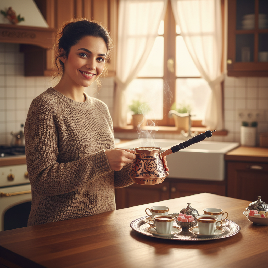 Woman using Elite Scotch copper cezve 580ml in kitchen
