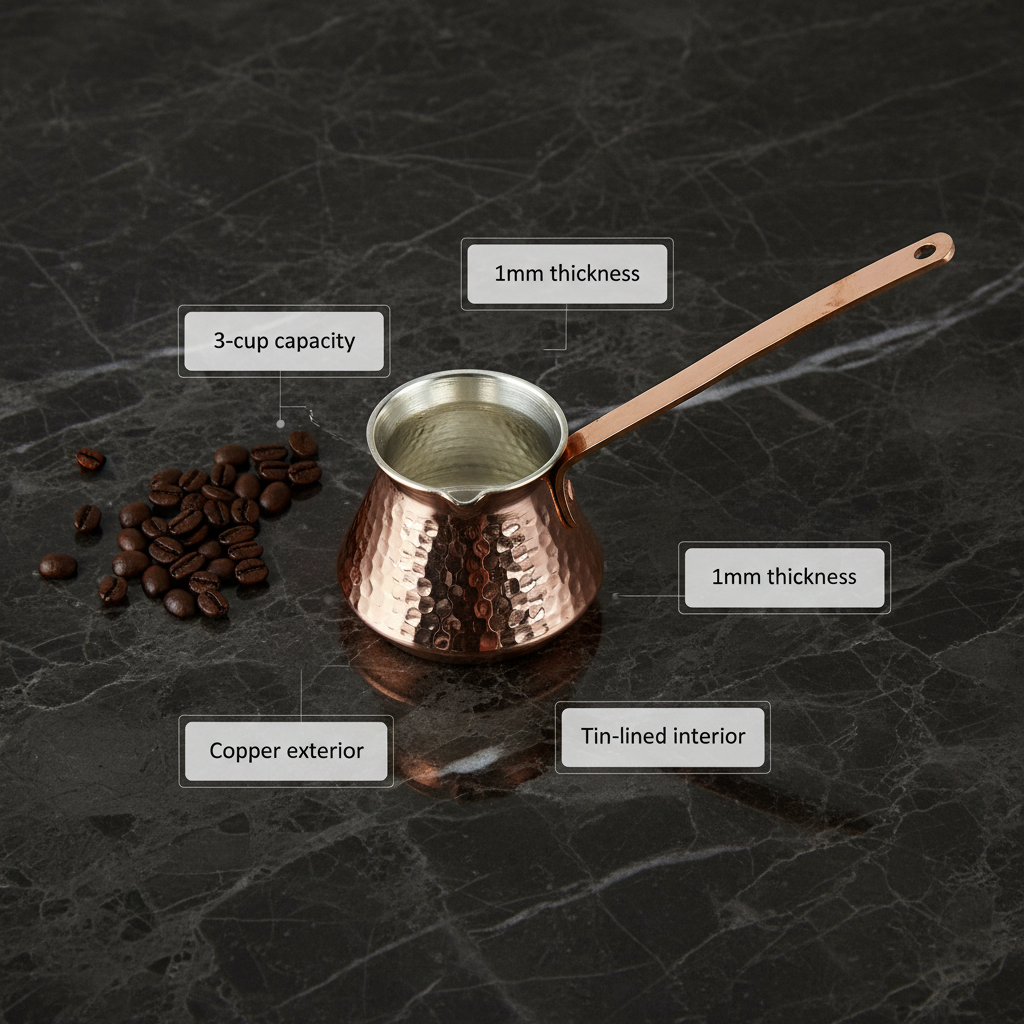 Antep copper topak cezve 3-cup flat lay