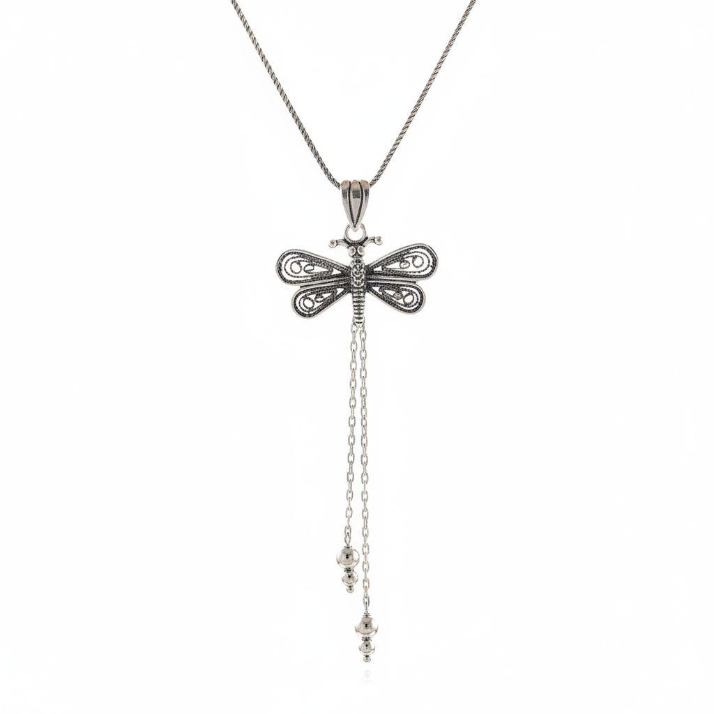 Silver Filigree Dragonfly Women's Necklace - Macro