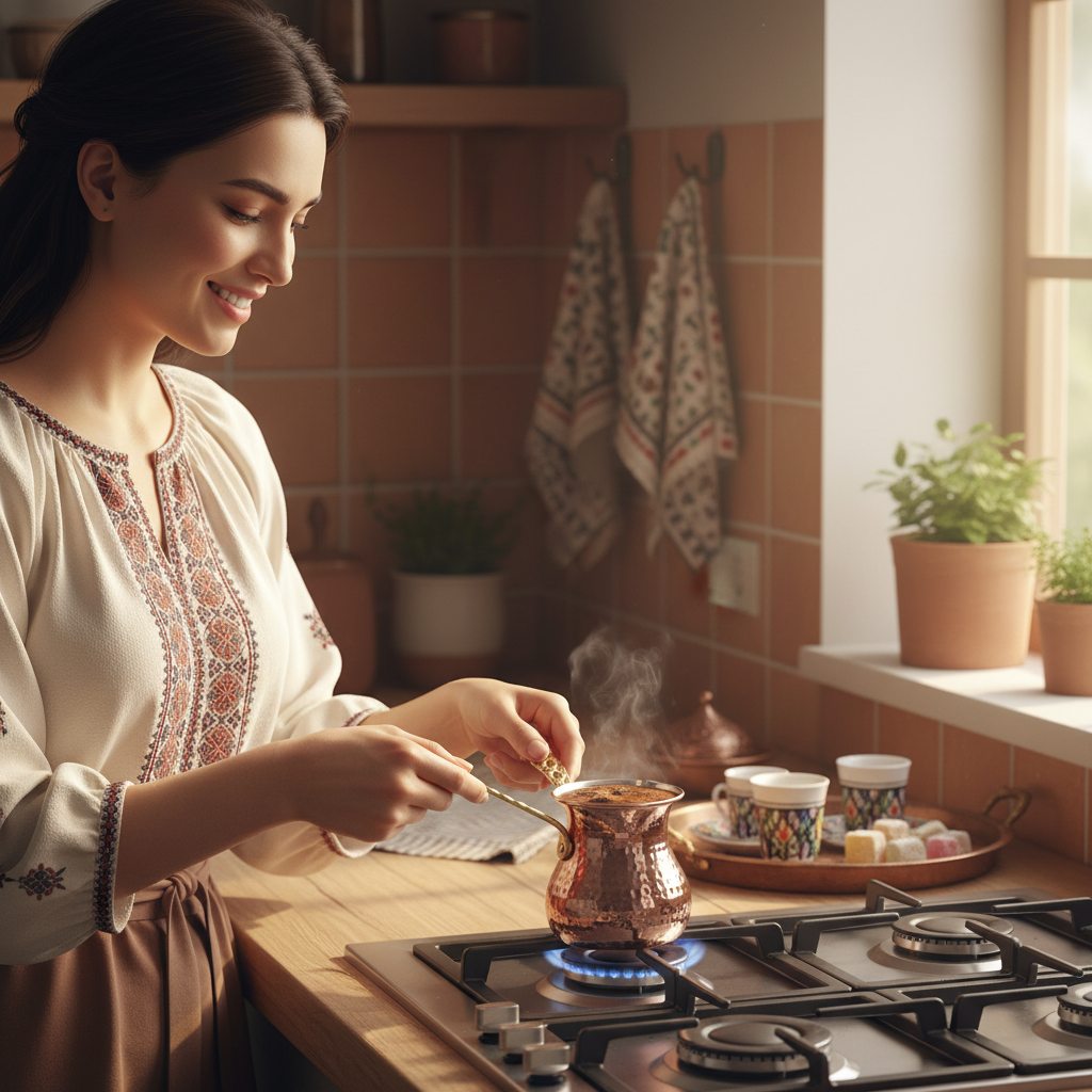 Woman using Eylül 180ml copper cezve in kitchen