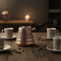 Antep keski diamond copper cezve lifestyle with cups