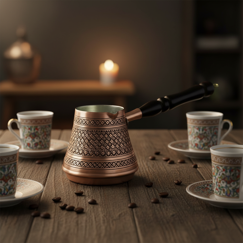 Antep keski diamond copper cezve lifestyle with cups