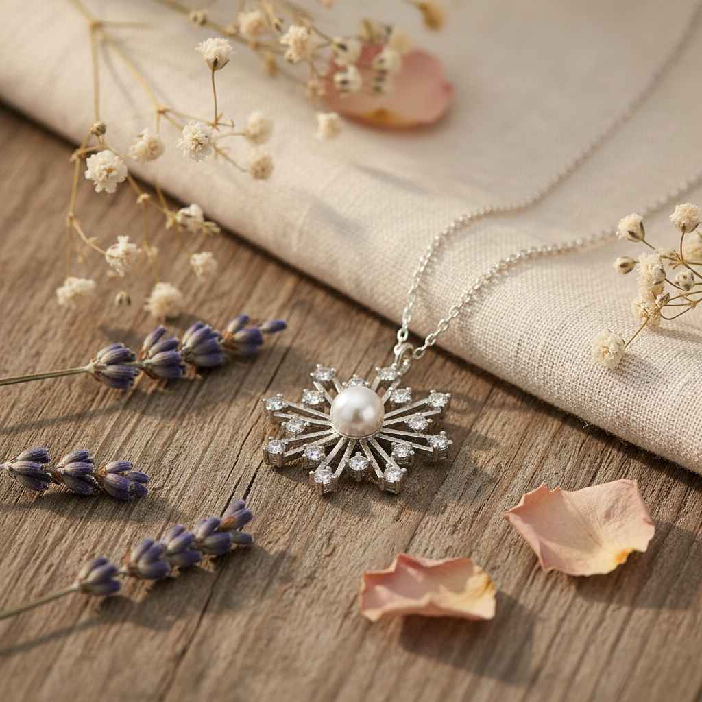 Silver Pearl Snowflake Necklace - Lifestyle