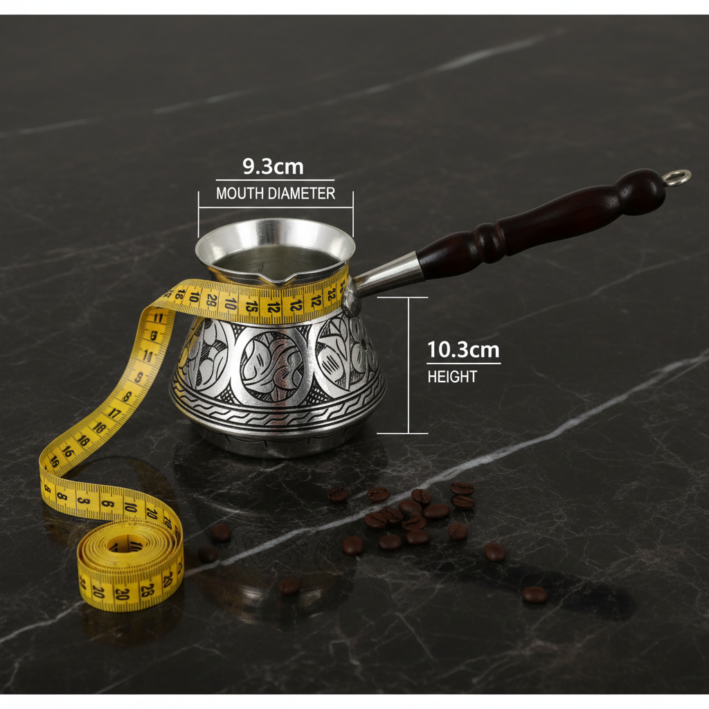 Elit Külhan 580ml copper cezve dimensions flat lay 9.3cm x 10.3cm