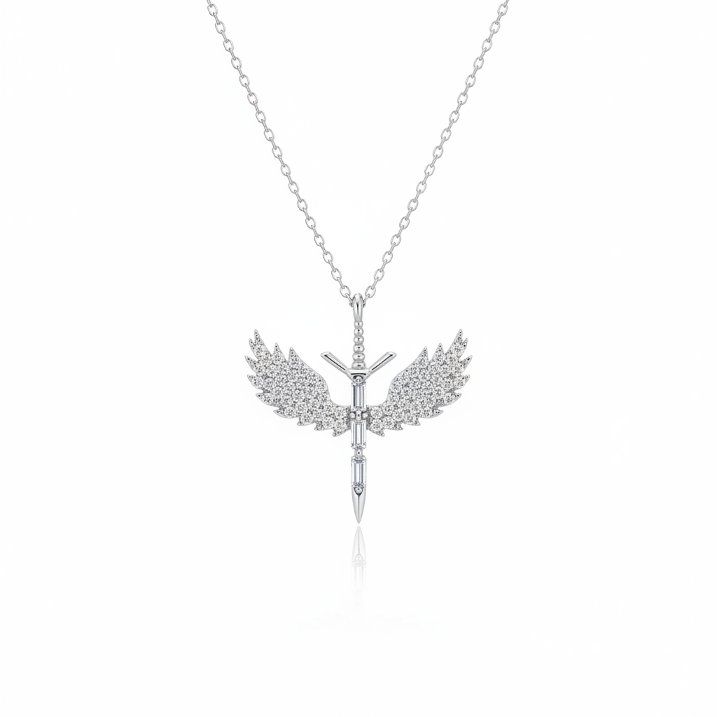 Silver Michael Sword Necklace - White Background