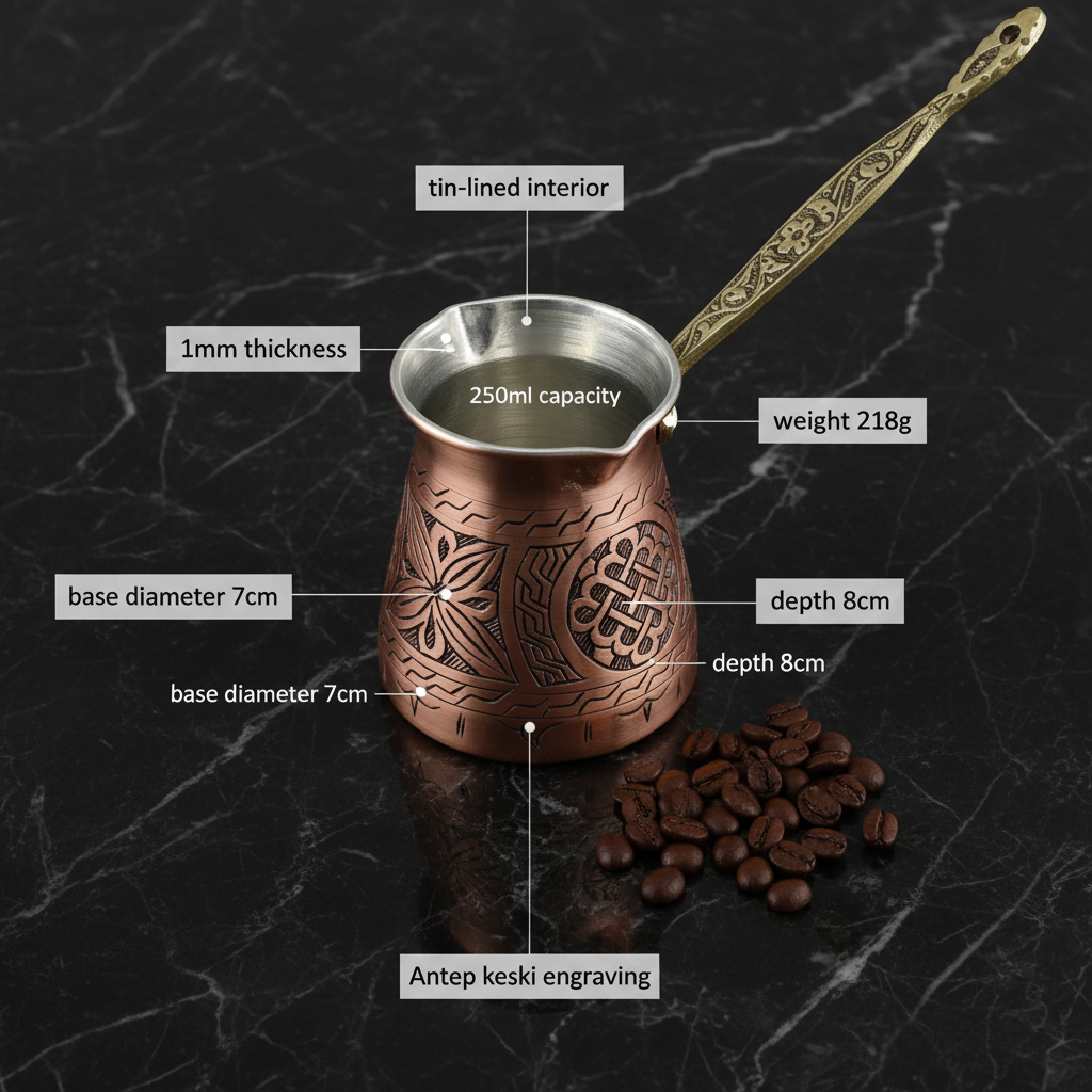 Antep keski engraved copper cezve 250ml flat lay dimensions