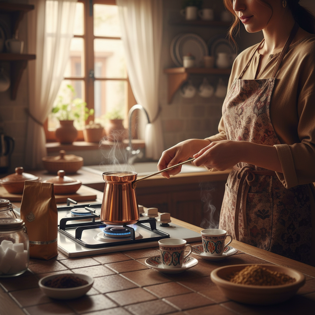 Woman holding Moda 450ml copper cezve on stovetop